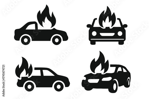 Car fire black simple icons set for web. Vector illustration. Burning auto symbol. Insurance claim. Danger, emergency, and accident signs. Damage pictogram collection.