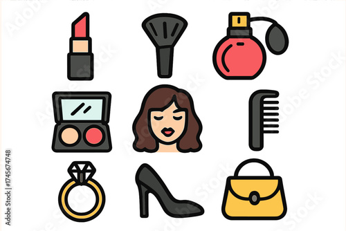 Beauty and fashion icon set vector illustration. Female accessories, cosmetics, and makeup. Lipstick, perfume, ring, high heel shoe, and handbag. Woman lifestyle glamour concept.