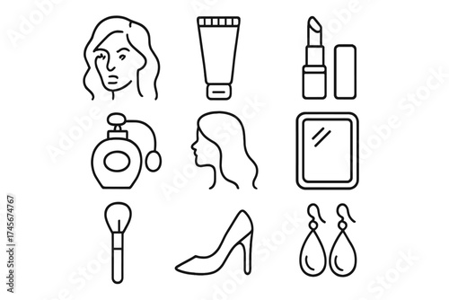 Beauty and fashion thin line icon set. Cosmetics, makeup, and glamour accessories vector collection. Woman face, lipstick, perfume, cream tube, brush, mirror, high heel, earrings.