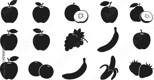 Fruit silhouette illustration, apple orange grape banana strawberry, black vector design, healthy food icons, organic produce art, minimal graphic element, nature symbol