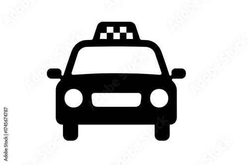 Taxi cab flat icon. Car front view. Public transport symbol. Urban transportation service pictogram. Simple black silhouette for web, app, logo design. Vector illustration.
