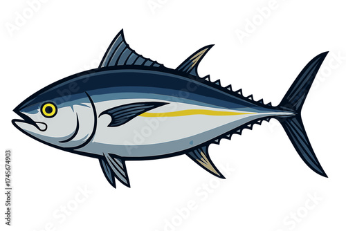 Tuna fish vector illustration, isolated on white. Bluefin or yellowfin tuna graphic icon. Seafood, fishing, and ocean life concept. Marine animal symbol for logo or design.