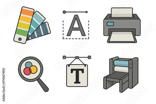 Printing and graphic design icon set. Vector symbols for typography, print shop equipment, and color management. Includes printer, cmyk, offset press, and color palette.