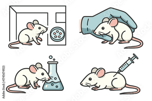 Vector set of lab mouse experiments for scientific research. Animal testing concept showing a white rat in a cage, getting an injection, with a chemical flask, and held by a hand.