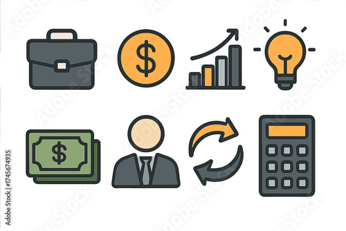 Business and finance icon set. Vector collection of modern line symbols for web and mobile. Includes money, growth chart, idea lightbulb, calculator and businessman icons.