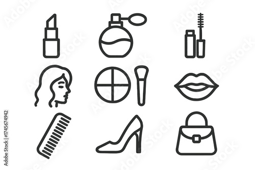 Beauty and fashion line icon set. Vector collection of female cosmetics and accessories. Includes lipstick, perfume, mascara, face powder, makeup brush, lips, comb, and handbag.