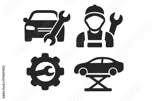 Car repair icon set. Auto service, maintenance symbol collection. Mechanic, garage, workshop vector signs. Vehicle on lift, wrench in gear, automobile, transport glyphs.
