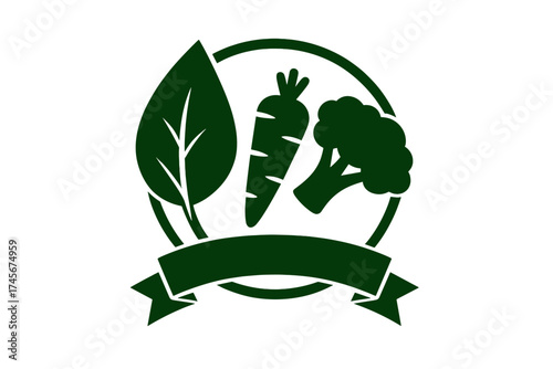 Vegan food logo emblem with vegetables. Healthy vegetarian diet icon with carrot, broccoli and leaf. Organic bio product label sticker badge with blank banner for text. Vector.