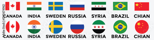 Set of flags of countries. Collection of world national flags with country names. Set of international country flags. Palestine, Canada, China, Syria, Russia, Brazil, Sweden, India Flag icon collectio