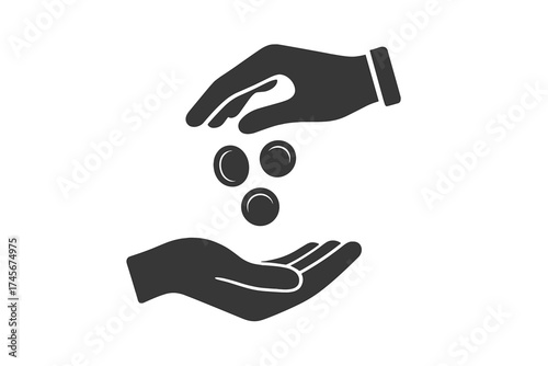 Hand giving money coins to another hand. Vector icon for payment, donation, charity and financial concepts. Symbol of giving, receiving, salary, savings or investment. Begging.
