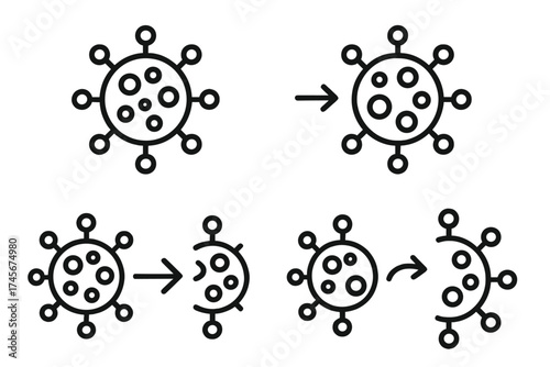 Virus mutation and evolution line icon set. New strain or variant concept. Coronavirus replication, microbe division process. Microbiology, pandemic, and infection symbol.