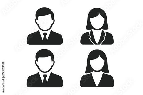 User icon set. Man and woman in suit. Business person, people avatar symbol for web design, app, UI. Male and female profile silhouette. Corporate team, employee glyph vector.