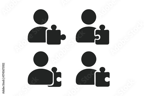 User with puzzle piece icon set. Symbol of problem solving, strategy, and finding a solution. Business concept for skills, personality fit, and human resources. Vector logo.