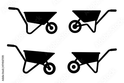 Set of black wheelbarrow vector icons. Simple silhouette illustration for gardening, construction, or farm work. Garden cart and barrow equipment symbol collection for web and app.