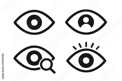 Eye icon set vector. Vision, view, and watch symbols. Search, look, and inspection icons. User profile view, biometrics, and security pictogram. See, observe concept.
