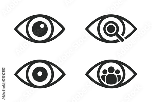 Eye icon set for vision concepts. Includes look, see, search with magnifying glass, focus target, and audience witness icons. Vector for business and web design.