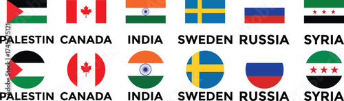 Set of flags of countries. Collection of world national flags with country names. Set of international country flags. Palestine, Canada, China, Syria, Russia, Brazil, Sweden, India Flag icon collectio