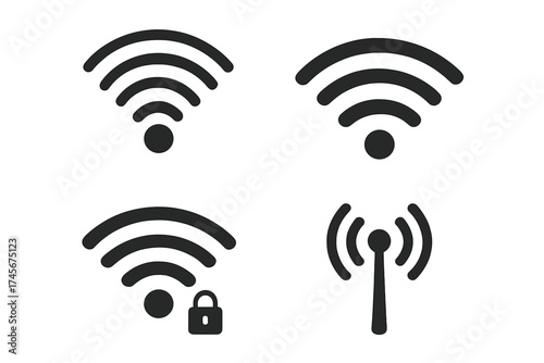 Wifi wireless icon set vector. Internet signal connection symbol. Network communication technology. Hotspot router access point. Secure network with password lock. Antenna sign.