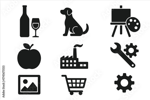 Universal black glyph icon set for web and mobile apps. Vector silhouette pictograms collection including food, drink, art, animal, industry, shopping, and settings symbols.