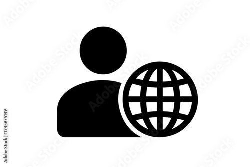 User and globe icon. Global user, international business, communication concept. People network, community, worldwide connection. Location symbol for web design, app, UI. Vector.