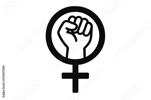 Feminism power symbol with female gender sign and raised fist. Vector graphic for women's rights, girl power, equality march, and activist protest. Empowerment concept logo.
