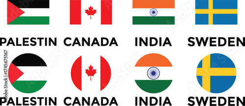 Set of flags of countries. Collection of world national flags with country names. Set of international country flags. Palestine, Canada, China, Syria, Russia, Brazil, Sweden, India Flag icon collectio
