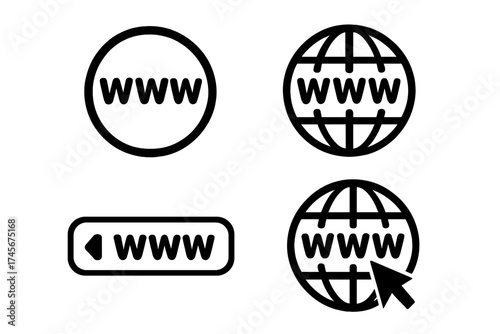 WWW internet connection icon set. Vector symbols for web browsing, website address, and global network access. Go to web page icon with globe, URL bar, and mouse cursor.