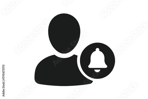 User notification bell icon. Flat vector graphic symbol for web and app UI. Represents user profile, alert, message, subscription. Business people silhouette isolated on white.