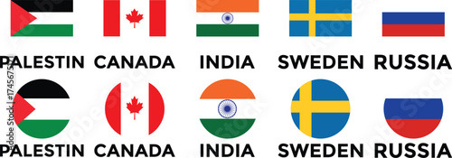 Set of flags of countries. Collection of world national flags with country names. Set of international country flags. Palestine, Canada, China, Syria, Russia, Brazil, Sweden, India Flag icon collectio