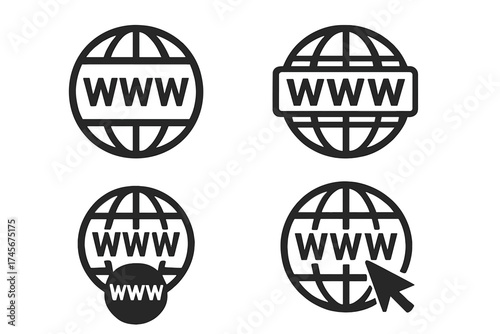 WWW icon set. Internet connection symbol. Go to web address sign. Global network communication pictogram. World Wide Web browser logo collection for website and app design.