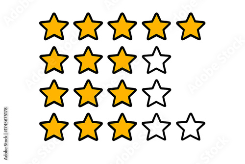 Five star rating icon set. Customer review and feedback evaluation concept. Yellow stars for quality satisfaction survey. Golden classification and ranking symbols. Vector isolated.
