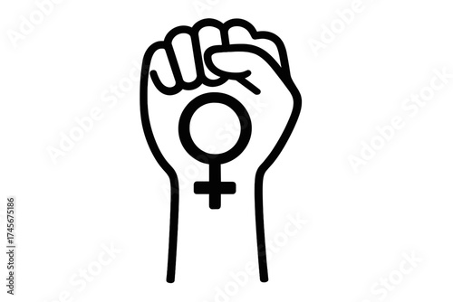 Feminist raised fist with woman gender symbol. Women's rights protest and girl power concept. Vector illustration for female empowerment, equality movement and activism.