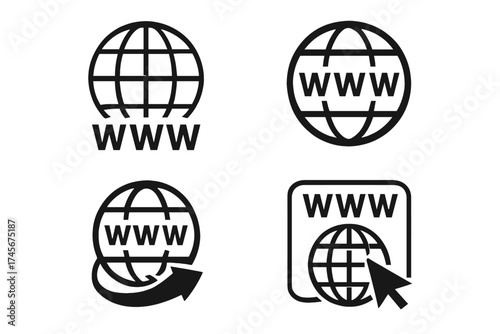 Set of internet icons. WWW symbol collection. Globe and web concepts. Go to web sign. Online connection pictogram. Website address, domain and browser vector illustration.