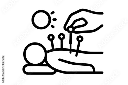 Acupuncture therapy vector line icon. Alternative medicine concept. Acupuncturist hand with needle treats patient. Chinese medicine for wellness, pain and stress relief.
