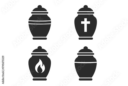 Funeral urn vector icon set. Cremation ashes container silhouette. Memorial, death, burial concept. Religious cross and eternal flame symbol. Ancient jar, pot illustration.