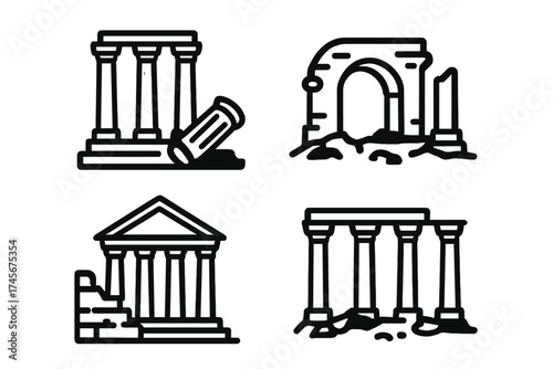 Ancient ruins icon set. Greek Roman temple, Parthenon, Acropolis vector symbols. Historical architecture, column, pillar. Archaeology landmark monument of antique civilization.