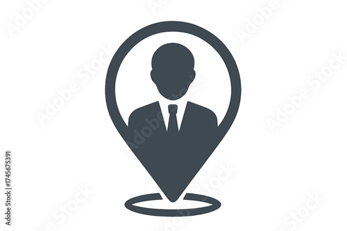 Business person location pin. Employee gps marker icon. Staff tracking symbol. Man in suit avatar for map. Local business professional. Corporate office address vector.