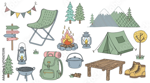 Vector art of camping equipment and nature elements in a handdrawn style adventure concept