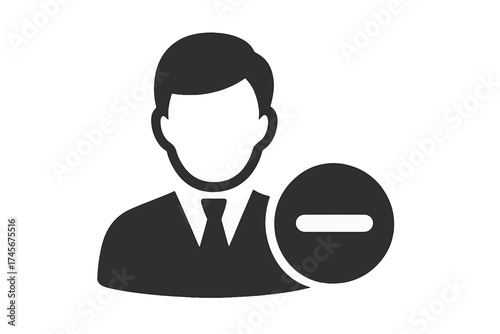 Businessman user icon with cross symbol, person profile silhouette, remove user avatar, corporate identity, professional flat style design, UI element for app, logo, isolated vector illustration