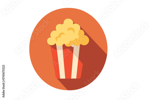 Popcorn flat icon with long shadow. Movie night snack in striped box. Cinema food concept vector illustration. Entertainment treat in bucket. Isolated retro graphic symbol.