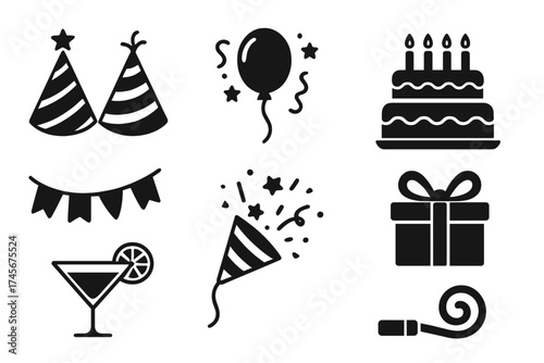 Party and birthday celebration icon set. Vector glyph collection with gift, cake, balloon, hat, and confetti popper for holiday event design. Isolated graphic elements.