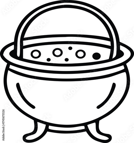Black and white line art illustration of a cauldron with bubbling liquid, perfect for Halloween, fantasy, or potion-making themes