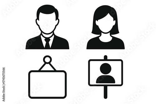 Set of people icons and blank signs. Man and woman avatar for user profile. Anonymous placeholder silhouette. Empty protest placard and hanging name plate vector illustration.