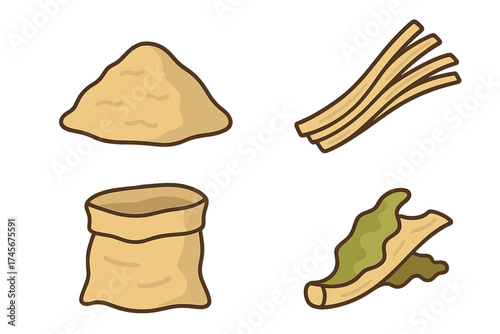 Vector icon set of sugarcane bagasse. Raw fiber pulp, waste from sugar production in a sack. Agricultural biomass for sustainable biofuel. Eco friendly material illustration.