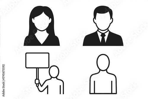 People icon set. User avatar collection. Male and female profile picture placeholder. Business man and woman head symbol. Anonymous figure holding blank protest sign or banner.