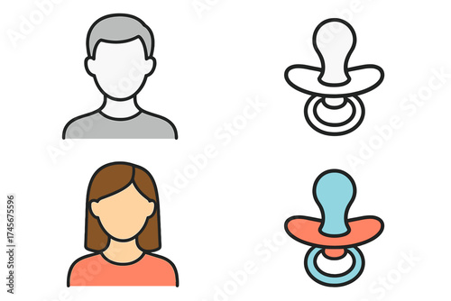 Man and woman user profile avatar icon collection. Baby pacifier, dummy, soother sign set. Simple flat colorful vector illustration for web design, apps, and childcare.