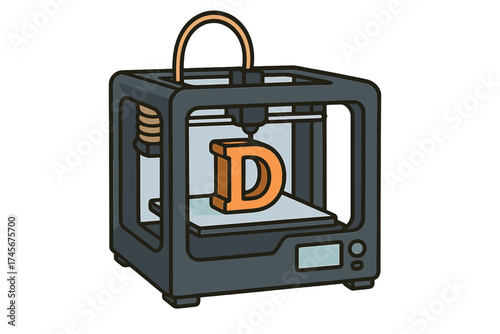 3D printer vector icon creating a letter. Additive manufacturing technology concept. Prototyping, innovation, and industrial design symbol. Modern machine flat illustration.