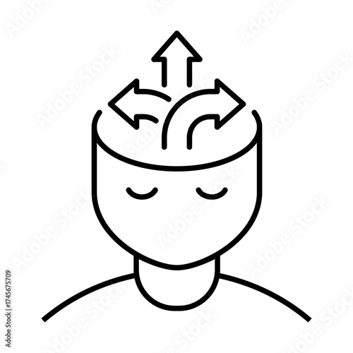Mind full of choices. Head with arrows line icon. Making decisions. Versatility, opportunities, mental flexibility concept. Three way direction. Different directions in life. Vector illustration. 