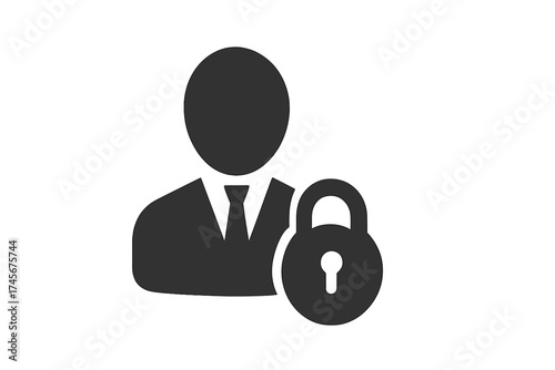 Business person silhouette with secure lock icon, symbol of privacy protection, user security concept, corporate identity, flat vector illustration for website UI, logo, app design