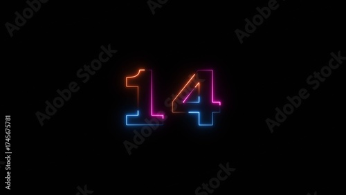 Neon countdown number 14 icon illustration background 4K.